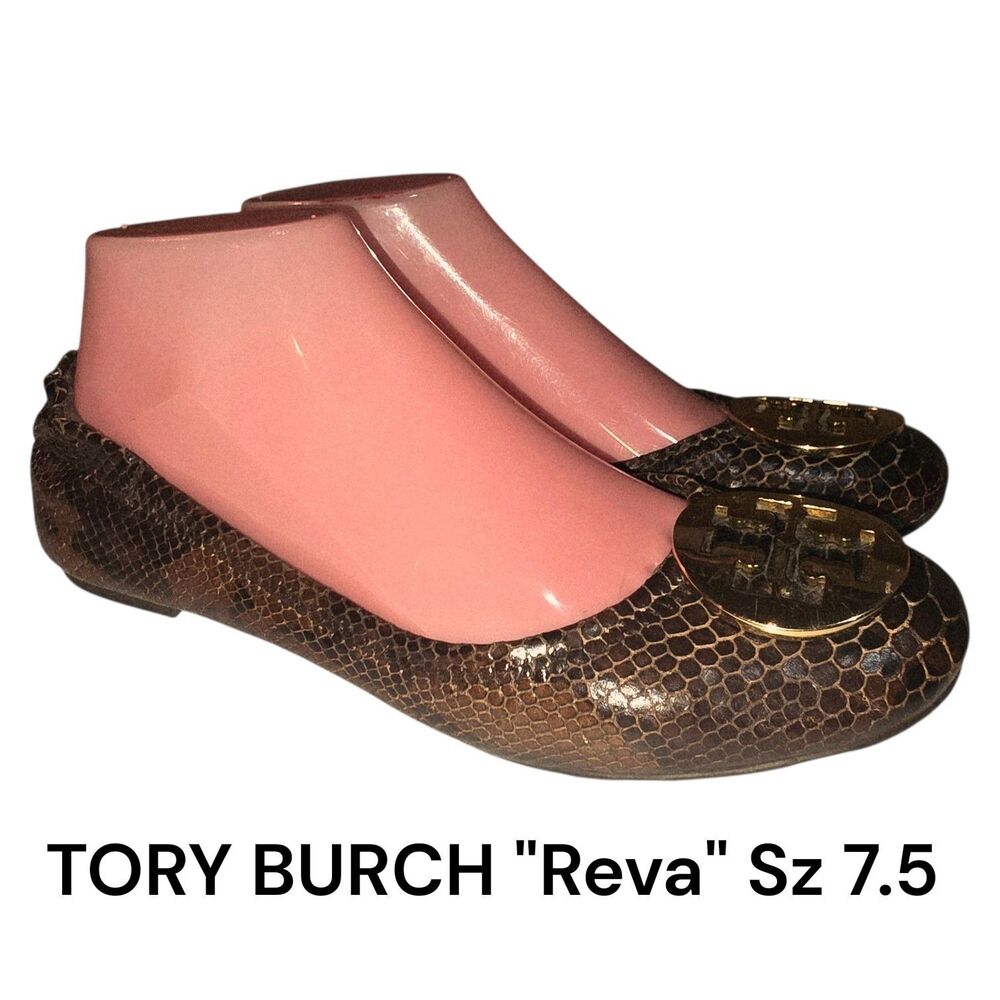 Tory Burch Sz 7.5 Reva Brown Faux Snake Gold Metal Logo Discs Boho Leather Flats